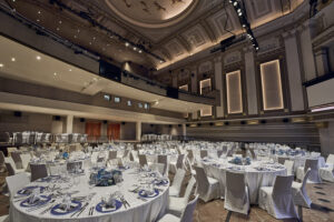 Capitol Theatre Singapore dinner table setup with grand tablescapes, elegant lighting, and intricate details.