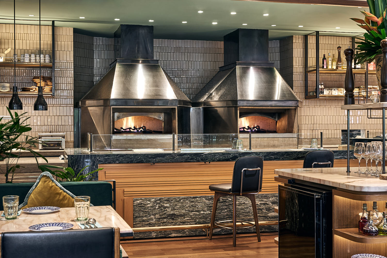 Stylish and modern restaurant interior at InterContinental with luxurious materials and contemporary design.