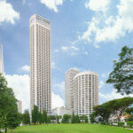 Swissotel Singapore from afar, showcasing its timeless facade and impressive height in the cityscape.