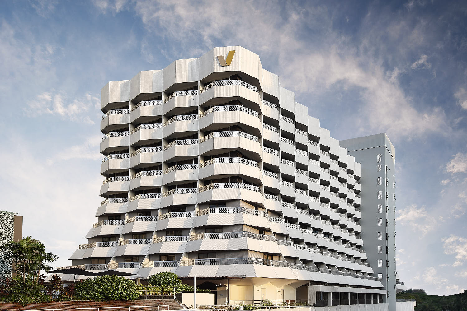 Village Hotel Katong, featuring its bold architecture in the city.