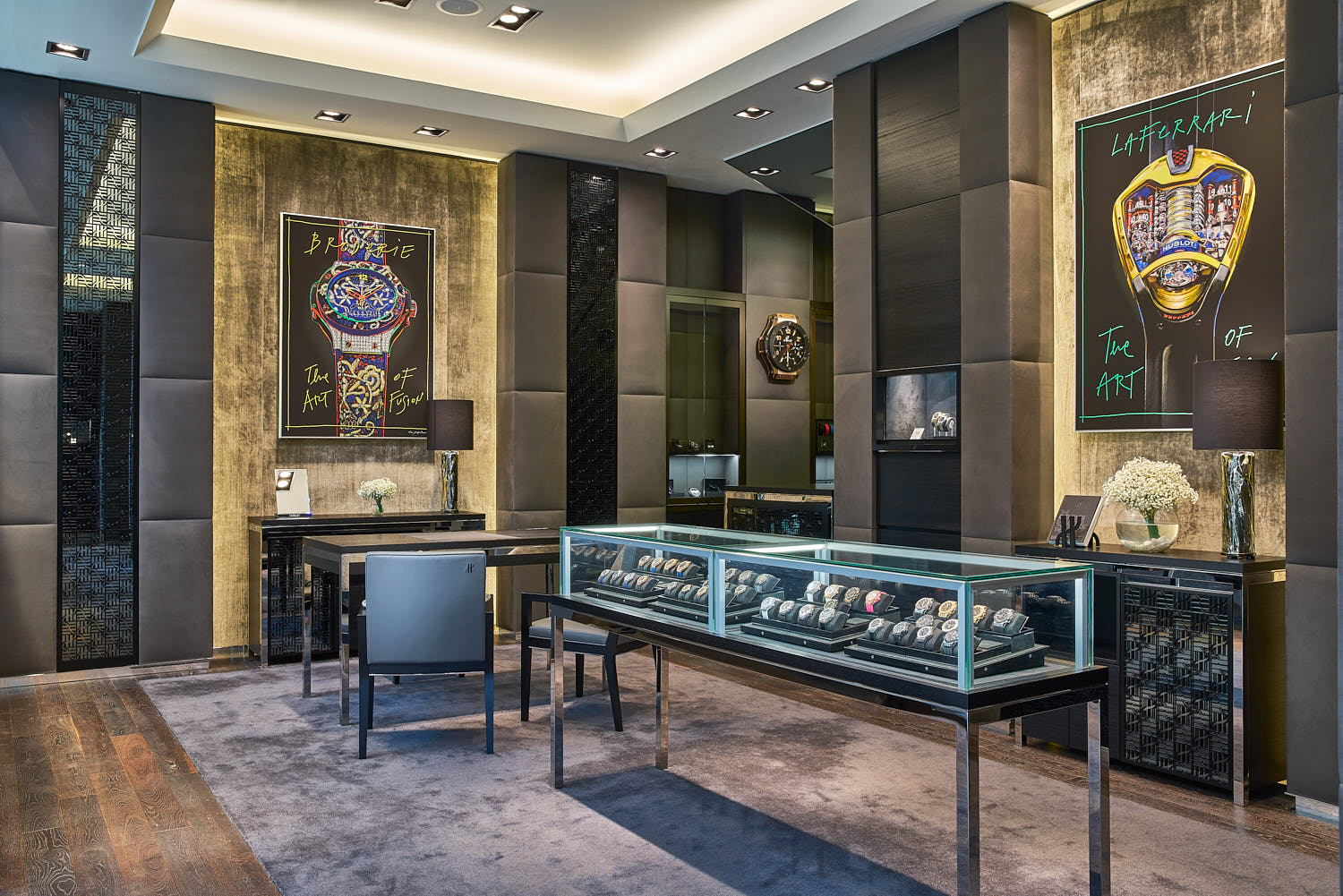 Curated Hublot watch display within Hour Glass’ contemporary retail space.